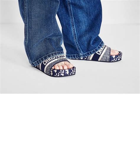 dway wedge slide blue dior oblique embroidered cotton|Dior blue embroidered cotton.